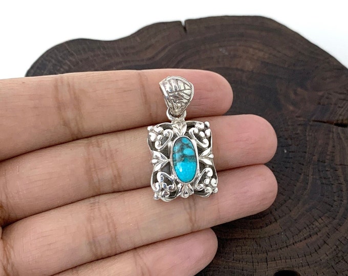 Oval turquoise Stone , Rectangular silver fancy Frame,  Intricate Silver, Sterling Silver 925