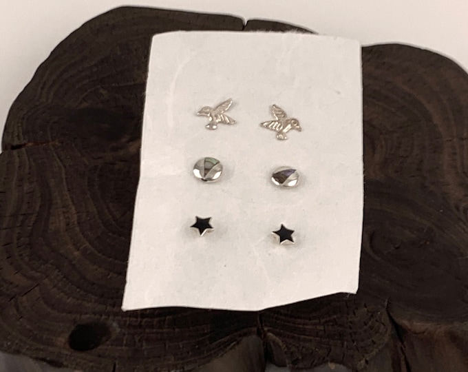 Assorted Silver Studs, Sterling Silver Stud, Onyx Star, Abalone, Hummingbird Earring,Cartilage