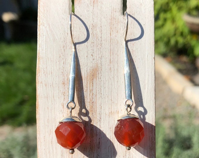 Silver Carnelian Earrings, Faceted Carnelian Earrings, Sterling Silver Earrings, Dangling Earrings, Properties Stone