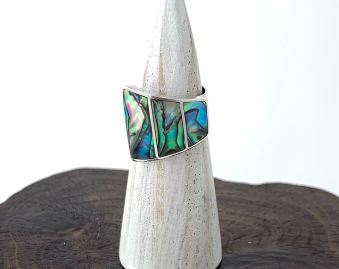 Stunning Adjustable Abalone Ring, Abalone Trapezoidal, Natural Rectangular Abalone,  Rectangle Abalone Ring, Silver Shell Ring