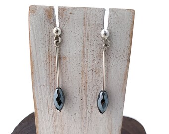 Hematite Earrings, Sterling Silver Dangles Hematite Earrings, Drop Earrings, Hematite Jewellery, Minimalist, Grey Earring, Silver Earrings