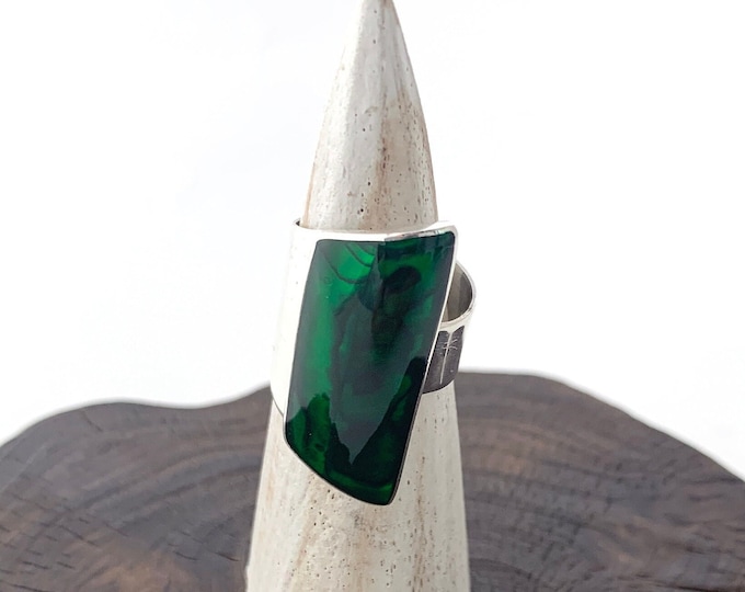 Green Tinted  Abalone Shell Ring, Adjustable Ring, Sterling Silver Ring, Green Ring, Quadrilateral Shaped