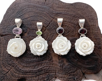 Silver Flower Pendant, White Shell Pendant, Mother of Pearl Flower Pendant, Floral Necklace, Flower Lover,Carved Rose Pendant,925 Silver
