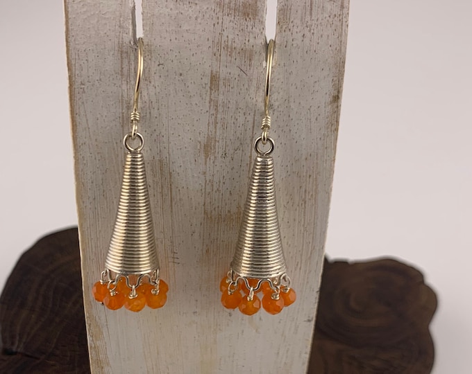 Orange Quartz Earrings, Triangle Spring Earrings, Fun, Sterling SilverTangerine Quartz, Crystal Properties and Benefits,Silver Earrings