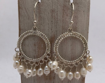 White Pearl Hoop, Drop Pearl Earrings, Dangle sterling Silver Earrings, White Pearl Earrings, Chandelier Pearl Earrings