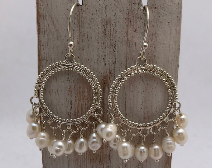 White Pearl Hoop, Drop Pearl Earrings, Dangle sterling Silver Earrings, White Pearl Earrings, Chandelier Pearl Earrings