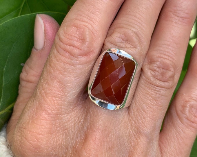 Carnelian Silver Ring, Rectangle Faceted Carnelian, Adjustable Silver Ring, Silver 925,Solid Silver Gemstone,Silver Rectangle Ring