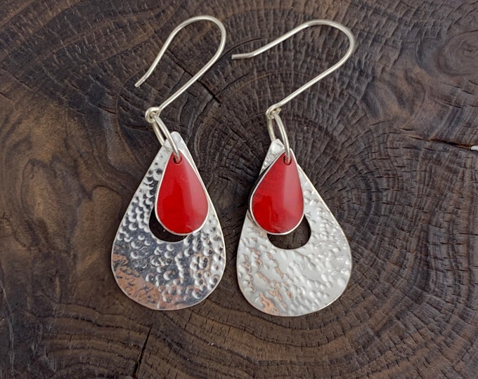 Hammered Earrings, Silver Teardrop Red Earrings, Red Coral Drop Earrings,Sterling Silver Earrings, Silver Red Earring