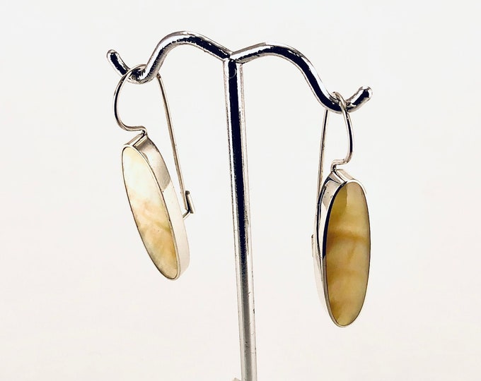 Silver Shell Earrings, Yellow Shell Earrings, Long Oval Shell Earrings, Sterling Silver Earrings