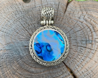 Sterling Silver Pendant, Solid Silver Pendant, Oxidized Silver Necklace,Stunning Pendant,Blue Circle Pendant,Round Blue Pendant