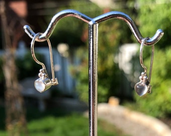 Heart Earrings, Moon Stone Earrings, Sterling Silver Dangle Heart Earrings, White Tiny Heart, Minimalist, Silver 925, Valentine's Day Gift