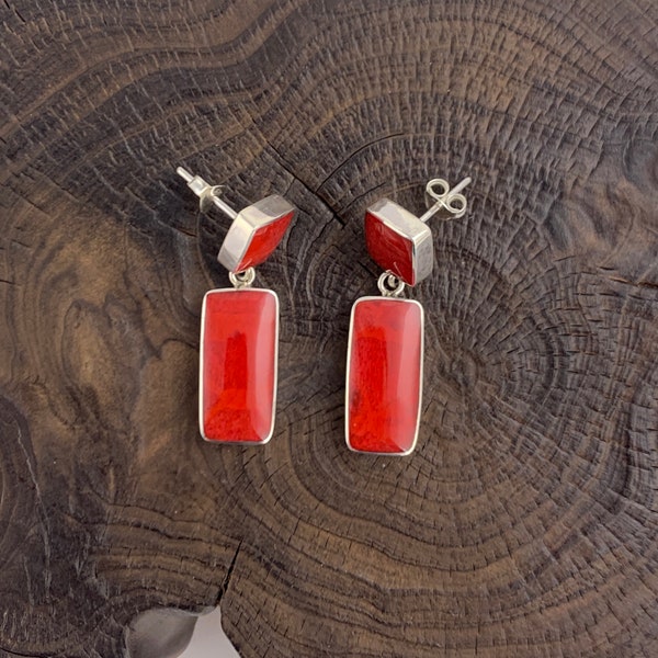 Red Coral Earrings, Rectangle Red Coral, Stud and Dangle Coral Earring, Sterling Silver Earring,Red Rectangle Earrings
