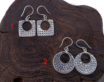 Silver Round Dots Earrings, Crescent Moon Circle Earrings, Square with Empty Inner Circle,Sterling Silver Earrings,Silver Geometric Earrings