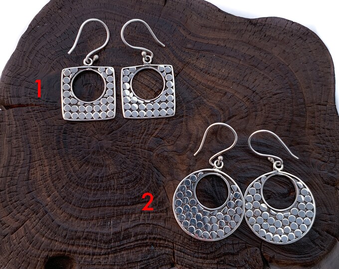 Silver Round Dots Earrings, Crescent Moon Circle Earrings, Square with Empty Inner Circle,Sterling Silver Earrings,Silver Geometric Earrings