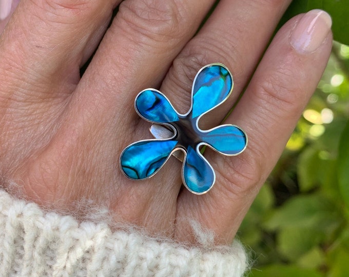 Blue Paua Shell Flower Ring, Sterling Silver, Adjustable Flower Ring, Botanical Ring, Silver Blue Ring