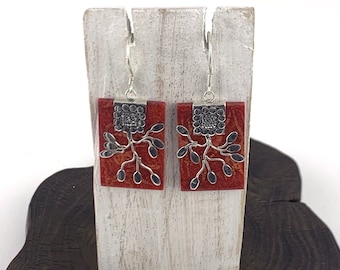 Red Coral Earrings, Rectangle Coral, Red Dangle Earring, Silver 925, SilverRed Earring, Red Coral Drop Earrings