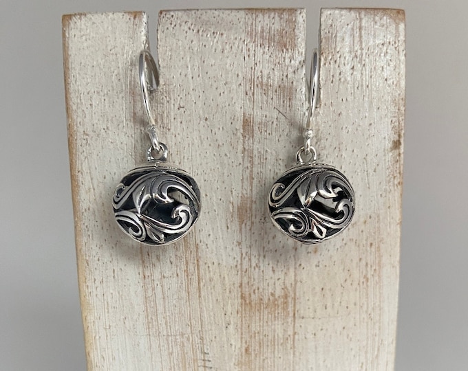 Sterling Silver Sphere,Silver Leaf Motif,Minimalist Earrings,Dangle Sphere,Drop Ball,Everyday Earrings, Dainty Silver Earrings