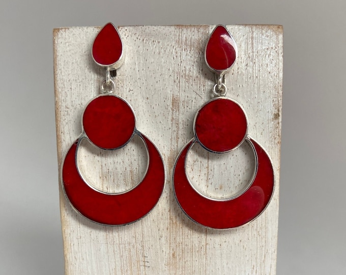 Red Coral Earrings,Sterling Silver Earrings, Stunning Red Earrings,Red Silver Earrings,Dangle Red Earrings,Stud and Dangle