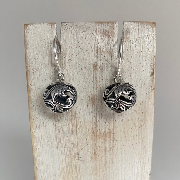 Sterling Silver Sphere,Silver Leaf Motif,Minimalist Earrings,Dangle Sphere,Drop Ball,Everyday Earrings, Dainty Silver Earrings