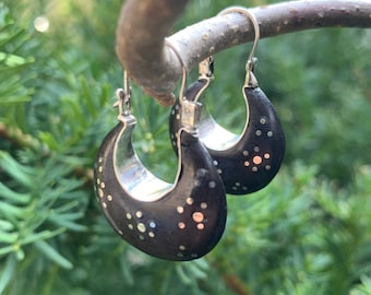 Wood Silver Earrings, Wood Moon-Shaped, Sterling Silver Dangle Earrings, Dark Brown Earrings, Handmade, Nature Earring,Wood Jewellery