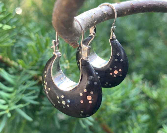Wood Silver Earrings, Wood Moon-Shaped, Sterling Silver Dangle Earrings, Dark Brown Earrings, Handmade, Nature Earring,Wood Jewellery
