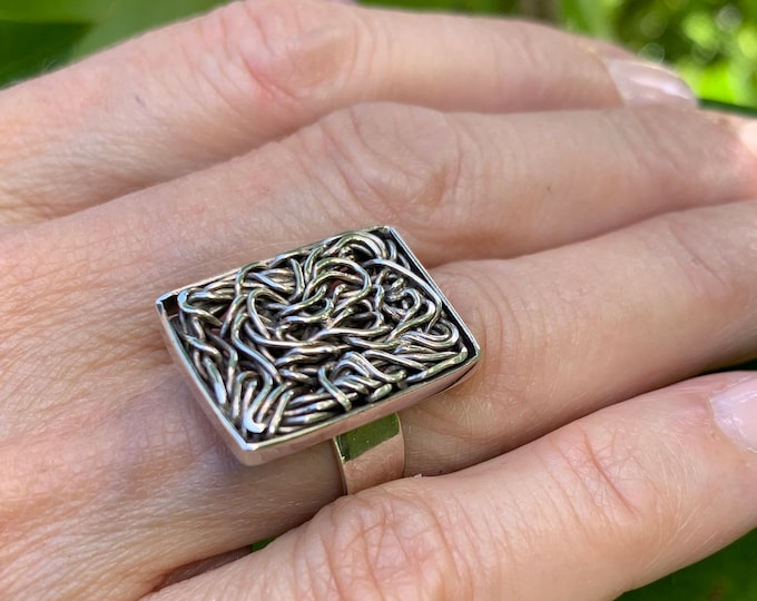 Silver Ring, Knotted Rectangle Ring, Sterling Silver Ring, Geometric Ring