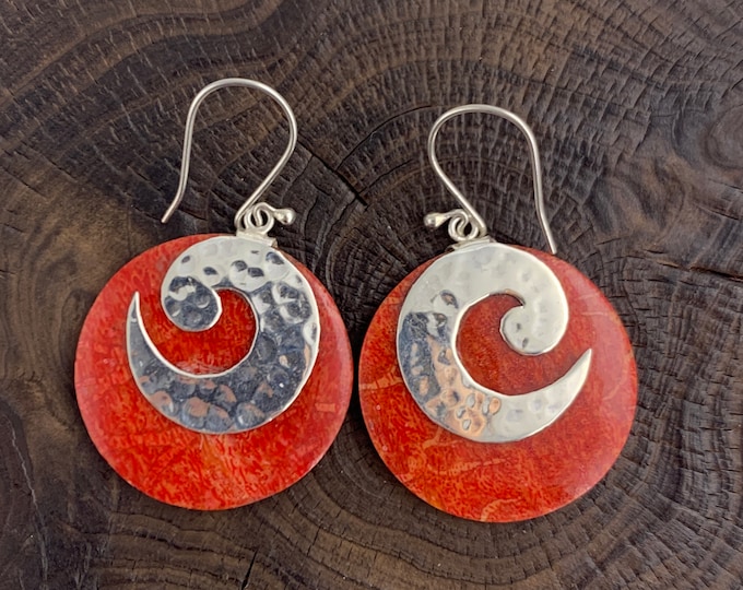 Red Coral Earrings, Round Red Coral Earring, Hammer Sterling Silver Earring, Circle Red Earrings