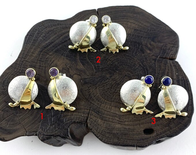 Gold Vermeil 18 k Earrings, Brush Silver Stud Earrings, in Either Lapis Lazuli, Amethyst, Cubic Zirconia. Gold Vermeil and Silver Jewellery