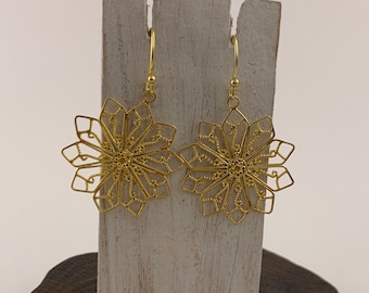 Gold Vermeil 18 k Earrings, Gold Vermeil Earrings, Sterling Silver, Boho Chic,Vermeil Star Earrings, Gold Filigree Drop Earrings