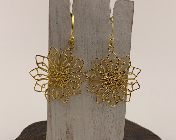 Gold Vermeil 18 k Earrings, Gold Vermeil Earrings, Sterling Silver, Boho Chic,Vermeil Star Earrings, Gold Filigree Drop Earrings
