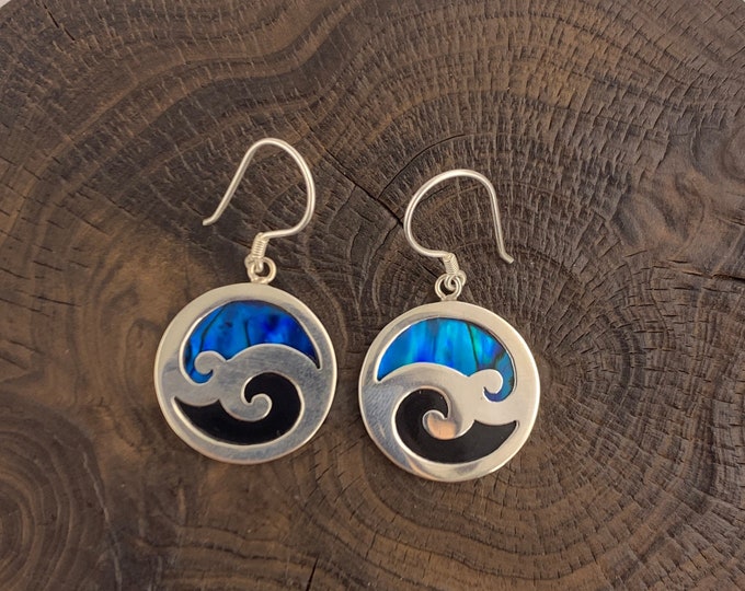 Round Blue Earrings, Paua Shell Jewellery, Black Shell Earring, Wave Earrings Design,Round Silver 925,Silver Blue Earrings,Ocean Earrings