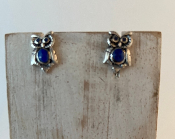 Owl Stud Earrings,Owl Post Earrings,Silver Owl Stud Earrings,Lapis Lazuli Owl,Bird Post Earrings,Animal Earrings