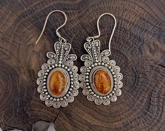 Baltic amber sterling silver dangle earring, decorative vintage looking orange earring