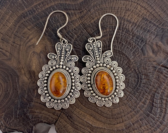 Baltic amber sterling silver dangle earring, decorative vintage looking orange earring