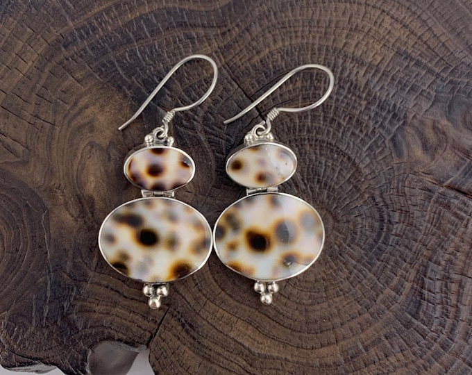 Shell Earrings, Oval Tiger Cowrie Shell Earring, Sterling Silver Dangle Earring, Beach Shell, Cowrie Shell Jewelry, Cowrie Earrings