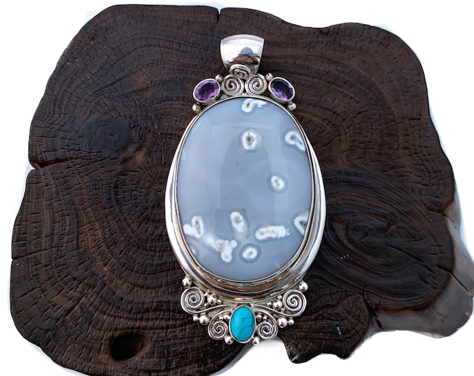 Natural Oval Moss Agate, Sterling Silver Pendant, Amethyst,Turquoise, Large Oval Pendant, Chunky Necklace, Unique Pendant