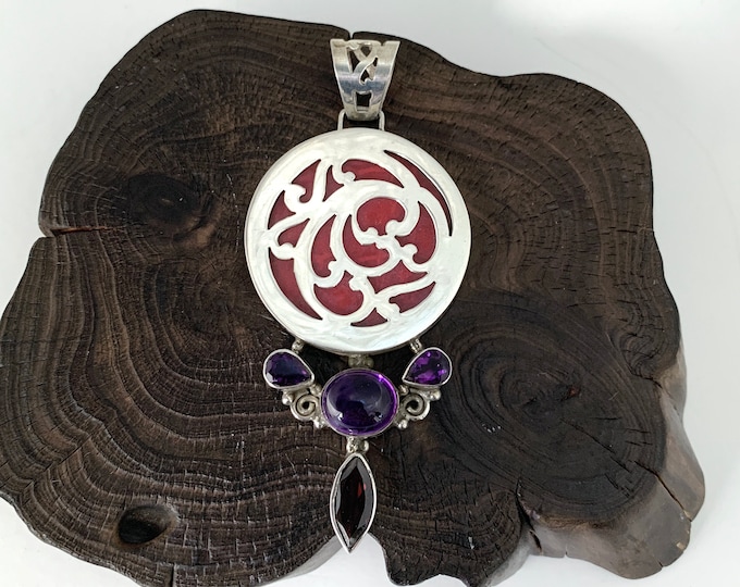 Large Red coral Pendant, Round Coral Pendant: Amethyst and Garnet Stone, Sterling silver 925, Chunky Jewellery,Stunning Pendant