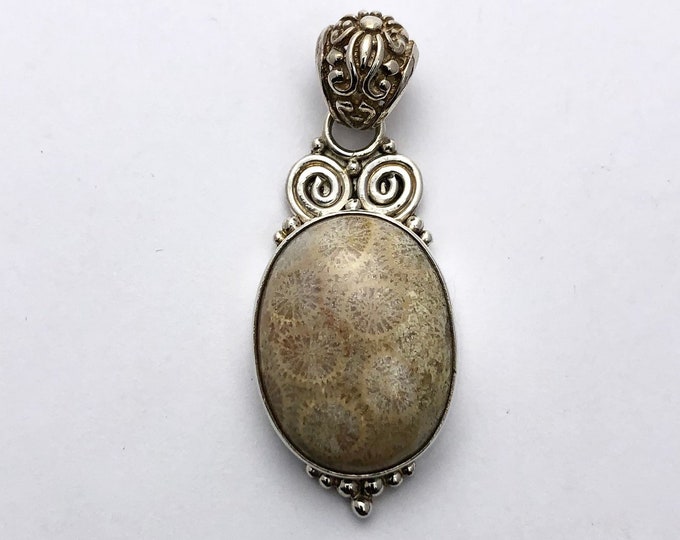 Fossil Coral Stone, Fossilized Coral, Sterling Silver Pendant, Oval Fossil Stone,Fossil Stone Jewellery, Silver 925 Pendant