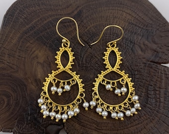 Gold Vermeil 18 k Earrings, Vermeil Earrings, Gold Filigree Drop Earrings,Pearl and Vermeil Jewellery, Ethnic Earrings Design