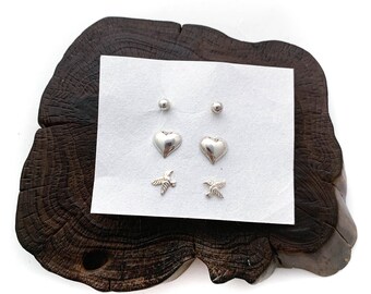 Heart Studs, Bird Studs, Sterling Silver Ball, Round Stud, Minimal Jewelry, Three Pairs of Assorted Studs