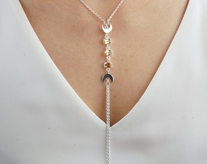 Citrine Necklace, Sterling Silver Neckline Necklace, Citrine Stone, Y Shaped Chain Necklace, Small Stone Necklace, Minimalist Jewelry, Boho