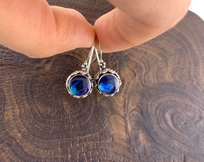 Blue Shell Earrings,Ethnic Blue Paua Shell,Blue Round Earrings, Oxidized Sterling Silver,Blue Abalone Earrings