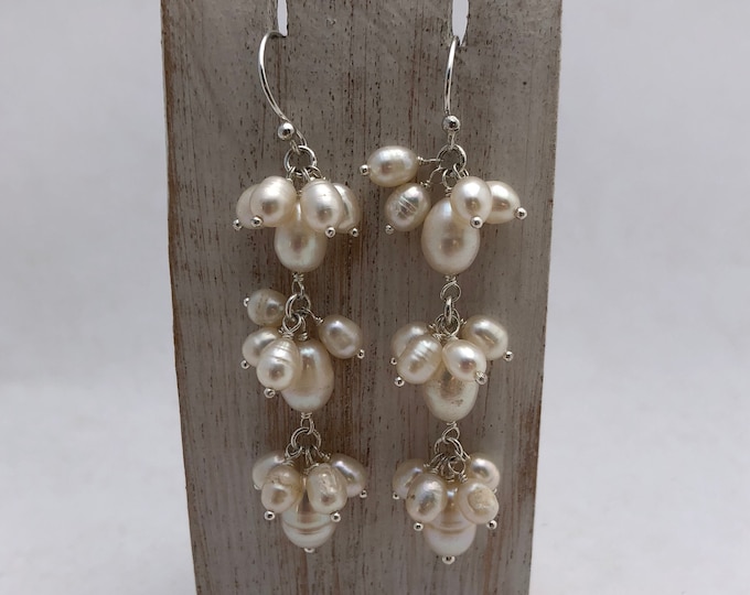 White Pearl Earrings, Dangle Pearl Earrings, Drop Pearl Jewellery, Sterling Silver 925, Chandelier Pearl Earrings, Bridal Earrings