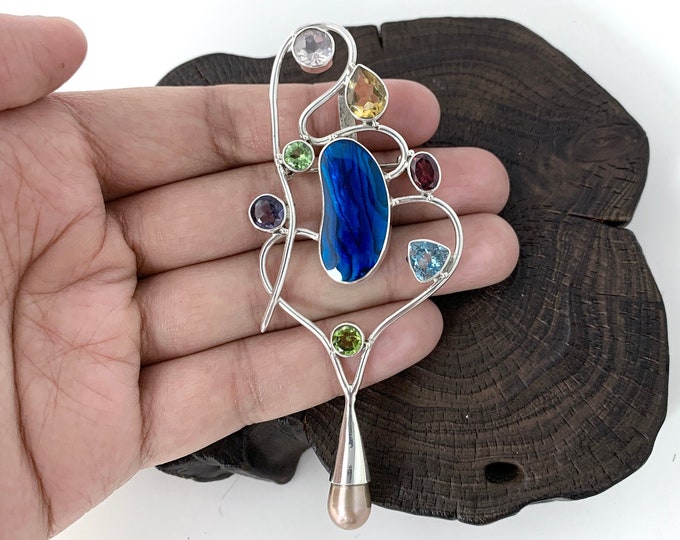 Blue Silver Pendant,Stunning Silver Pendant or Brooch, Mix Stone, Assorted Stone, Original Jewelry, Unique, Handmade,Silver Brooch