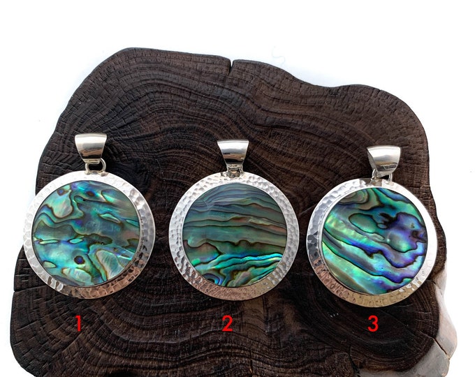 Abalone Pendant, Round Abalone Shell, Circular Pendant, Sterling Silver 925, Natural Abalone Necklace, Hammered Frame