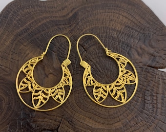 Vermeil 18K /Sterling Silver, Intricate Leaf Hoop Earrings, Silver Plated Earrings with Gold