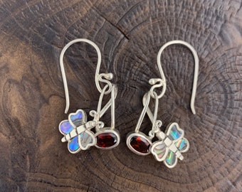 Silver Butterfly Earrings, Abalone Butterfly Earrings, Garnet Dangle Earring, Sterling Silver 925, Drop Butterfly Earrings