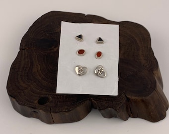 Assorted Silver Earrings, Three Pairs Sterling Silver Stud Earrings, Cartilage, Heart, Onyx, Carnelian