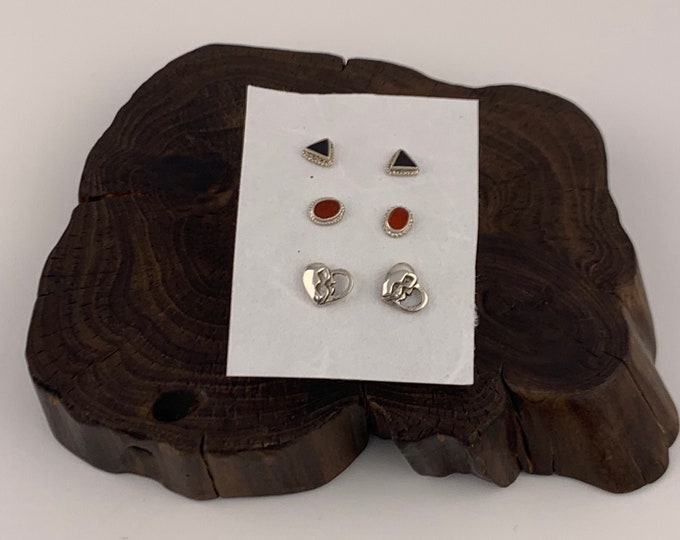 Assorted Silver Earrings, Three Pairs Sterling Silver Stud Earrings, Cartilage, Heart, Onyx, Carnelian