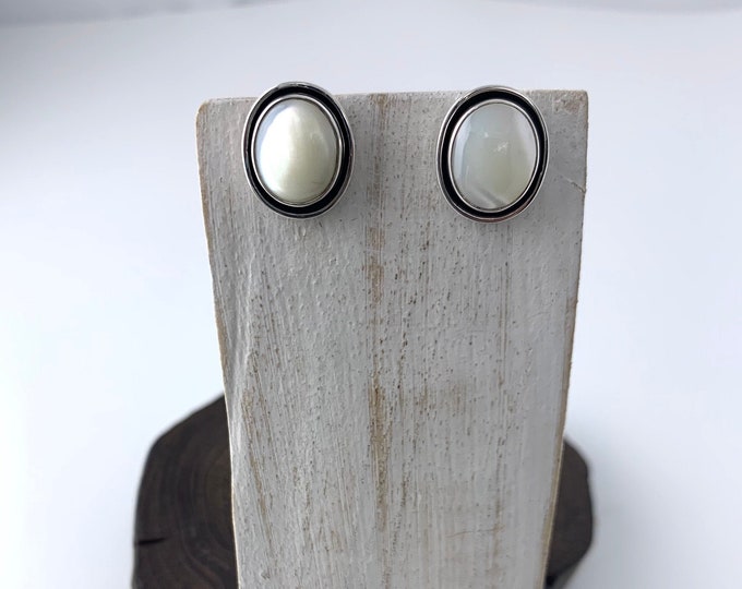 Silver White Studs, White Shell Earrings, Oval Mother of Pearl Stud Earrings, Sterling Silver 925, White Post,MOP Stud